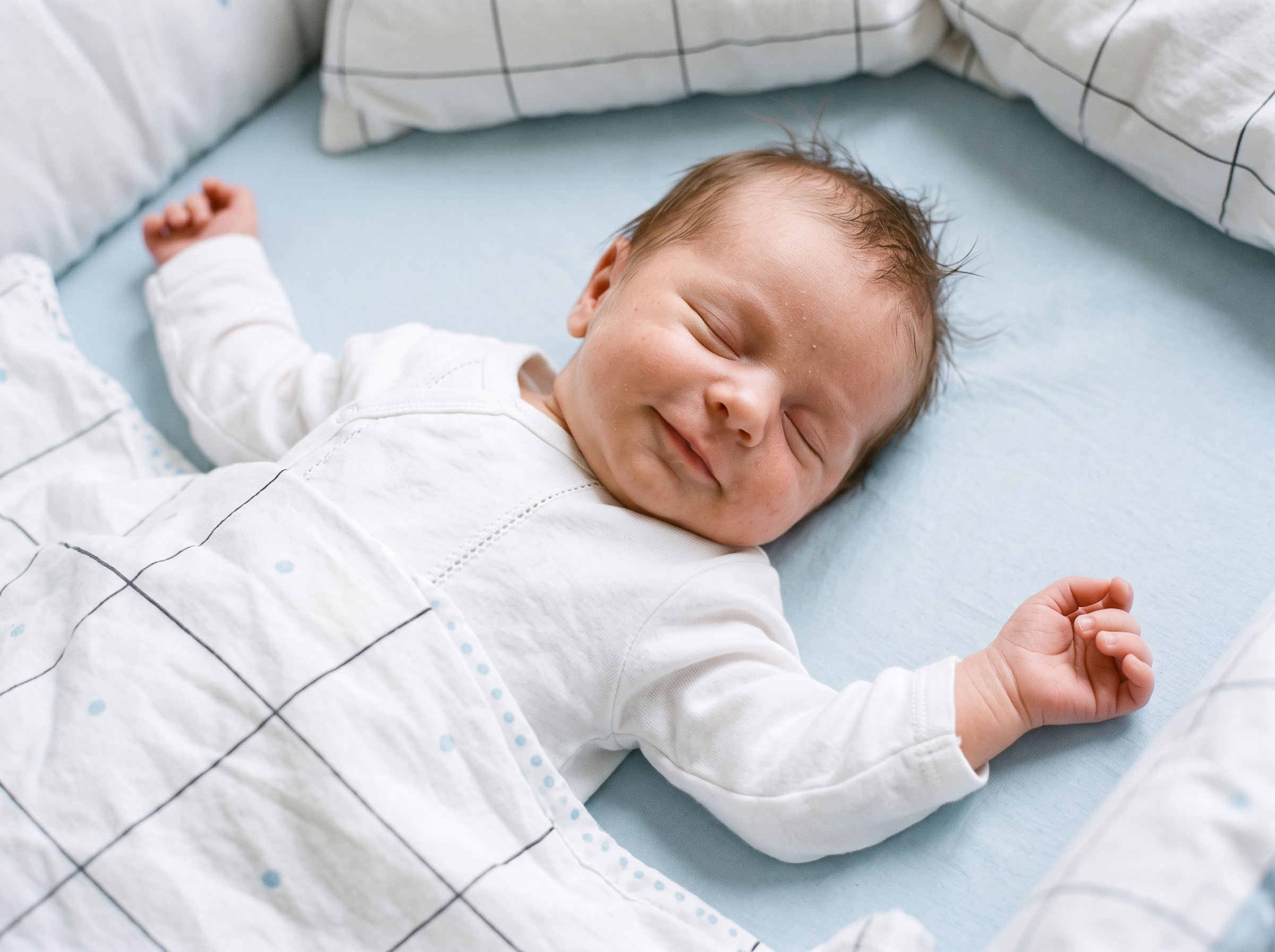 Bebê sorrindo enquanto dorme tranquilamente no berço com sono sereno e seguro